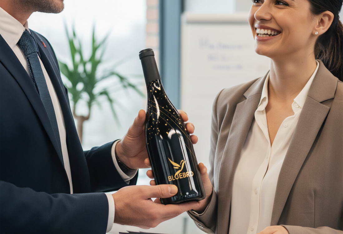 gepersonaliseerde fles wijn overhandigen